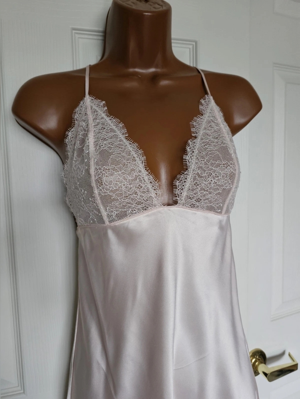Lace Trim Satin Chemise - Light Blush